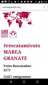 Barcelona, 2015. Marea Granate es una iniciativa ciudadana que contacta a abstencionistas con votantes que residen en el extranjero y aún no han recibido las papeletas. Captura de pantalla: Ruth de la Rosa. Web: www.mareagranate.org